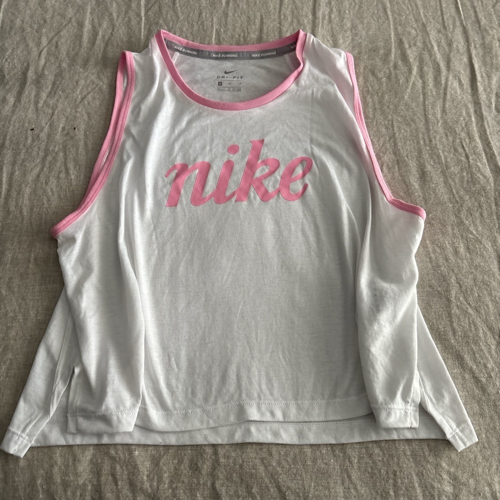 Nike White and Pink Crop Muscle Tee
